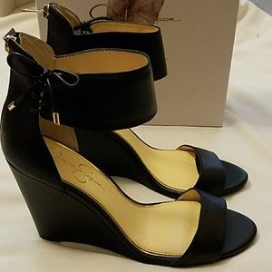 Jessica Simpson "Breeley" Black Leather Wedges